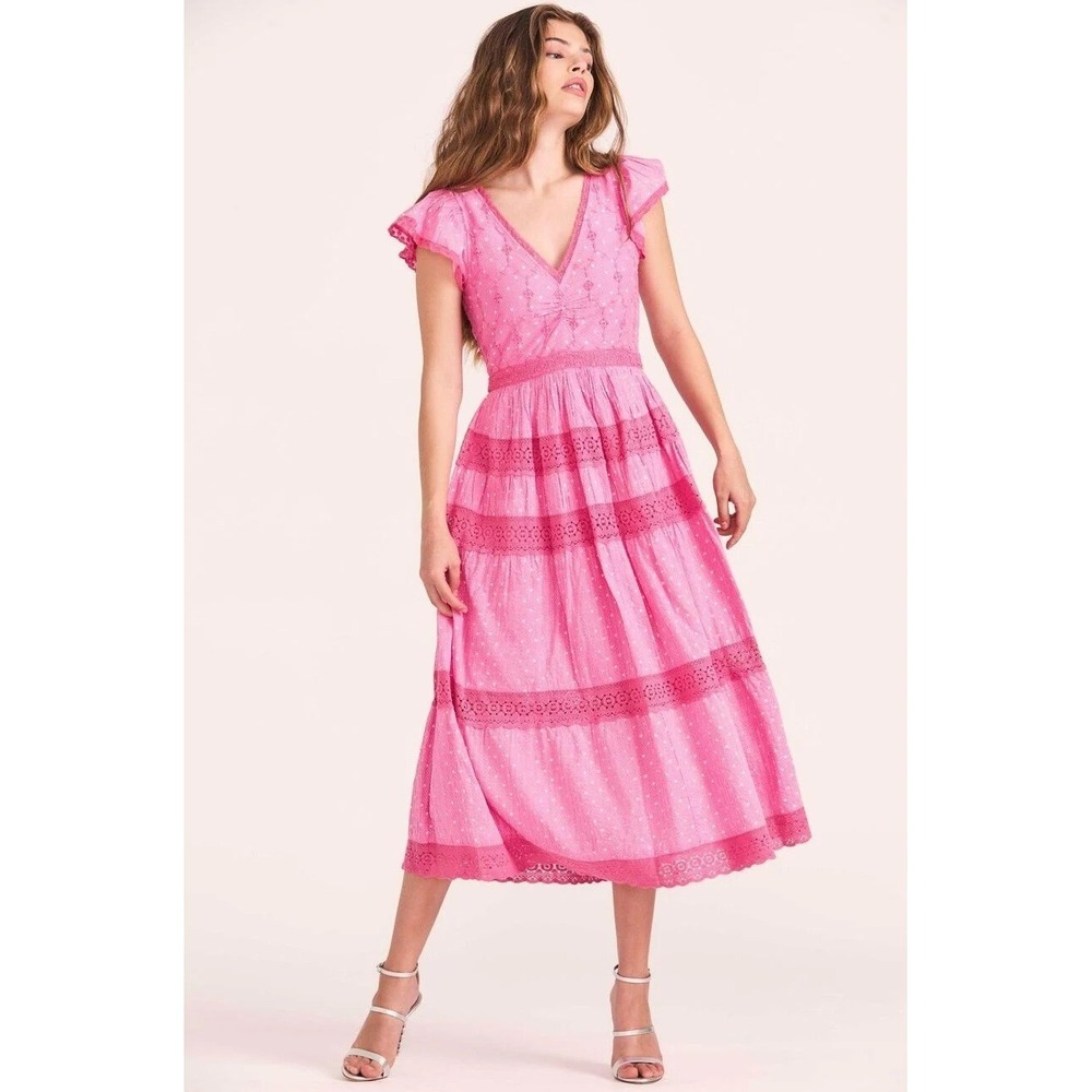NWT LoveShackFancy Abena Cotton V-Neck‎ Midi Dress in Hot Pink Size 2 $495 - Picture 2 of 7